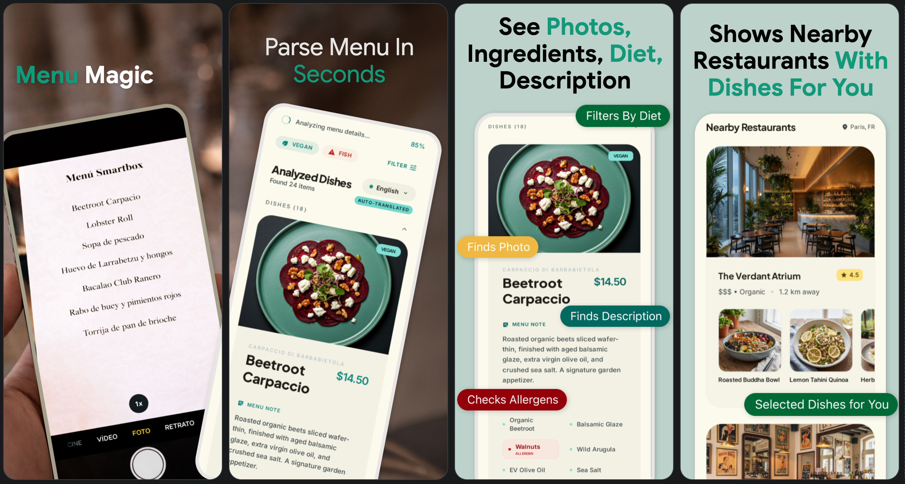 Travel Eat app: scan a menu, then see analyzed dishes with photos, ingredients, dietary filters, allergens and nearby restaurants
